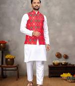 Red cotton straight kurta payjama & koti with jequard work