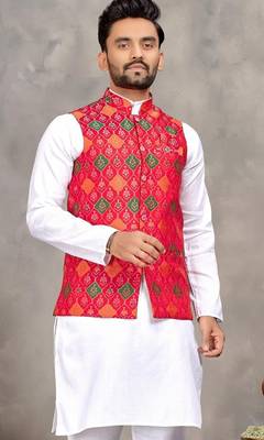 Red cotton straight kurta payjama & koti with jequard work 2