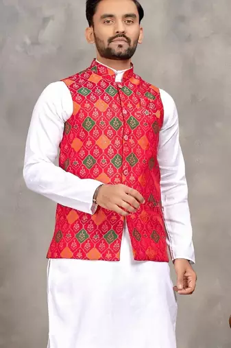 Red cotton straight kurta payjama & koti with jequard work