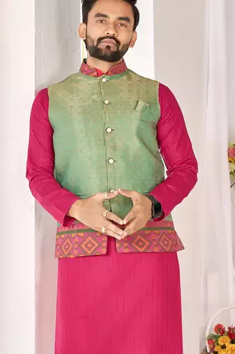 Green cotton straight kurta payjama & koti with jequard work