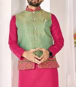 Green cotton straight kurta payjama & koti with jequard work