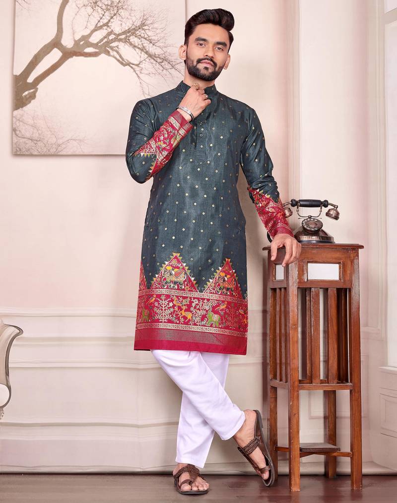 Grey dola silk straight kurta with foil work