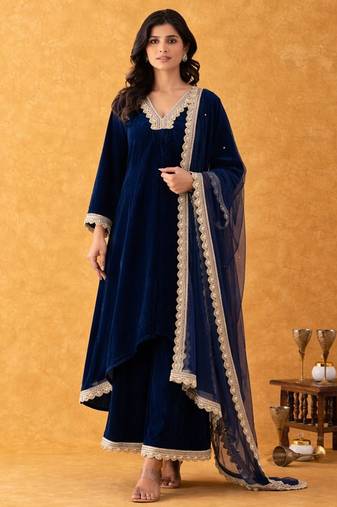 blue velvet suit set with gold embellished dupatta