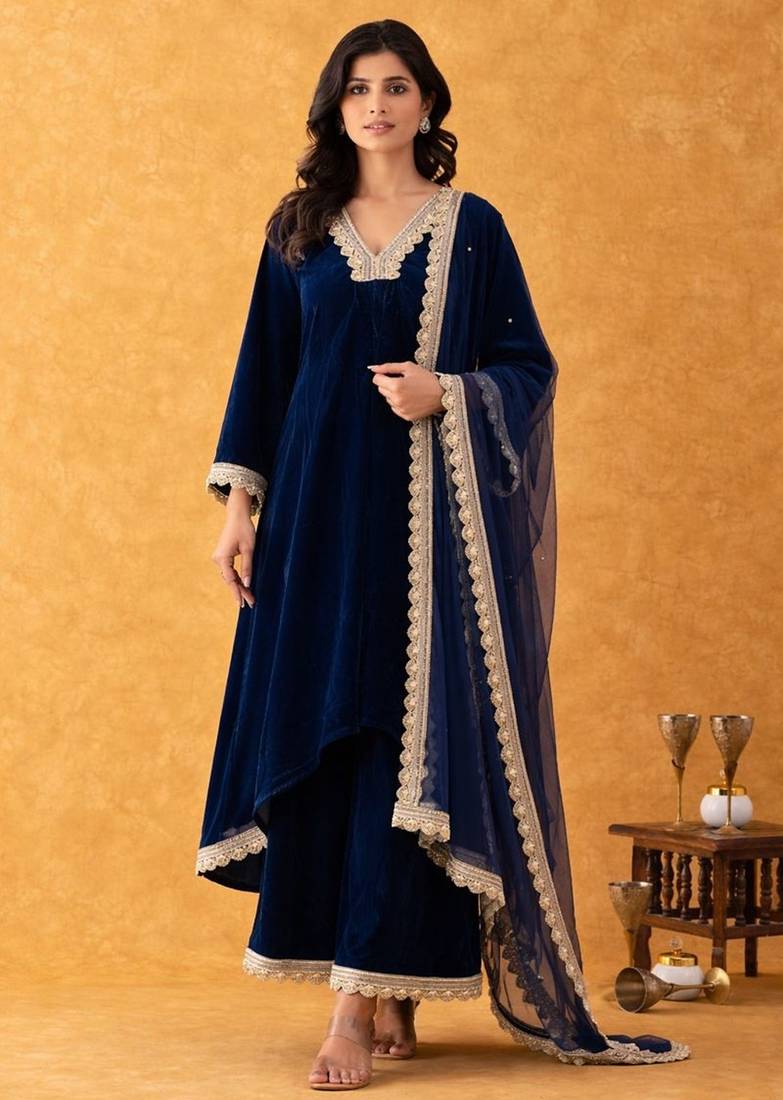 blue velvet suit set with gold embellished dupatta