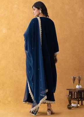 blue velvet suit set with gold embellished dupatta 2
