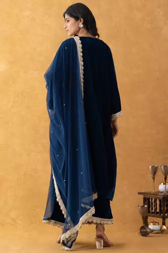 blue velvet suit set with gold embellished dupatta