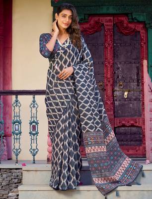 Pretty Blue Digital Printed Crepe Casual Wear Saree With Blouse 1