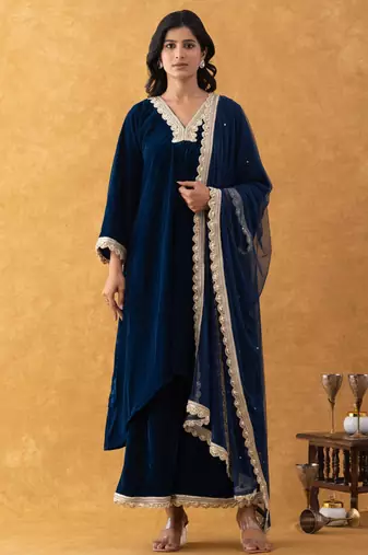 blue velvet suit set with gold embellished dupatta