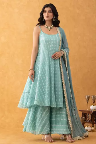 green bandhani print silk suit set with dupatta