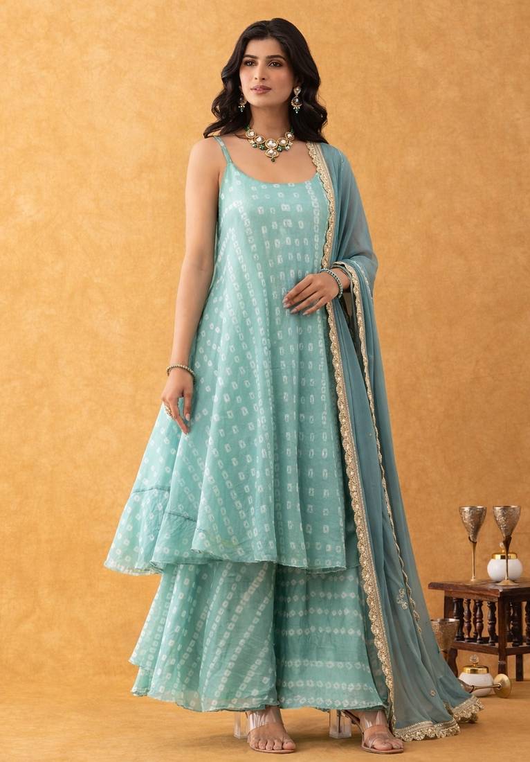 green bandhani print silk suit set with dupatta