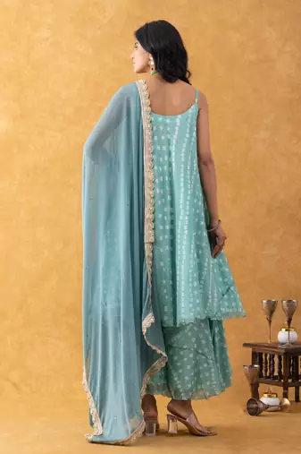 green bandhani print silk suit set with dupatta