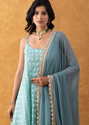 green bandhani print silk suit set with dupatta 3