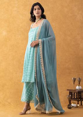 green bandhani print silk suit set with dupatta 4