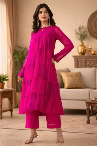 magenta embroidered kurta pant set