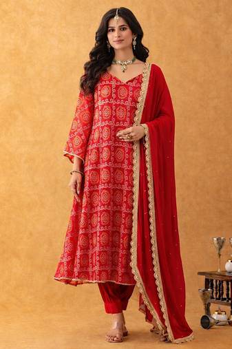red bandhani salwar suit set with dupatta
