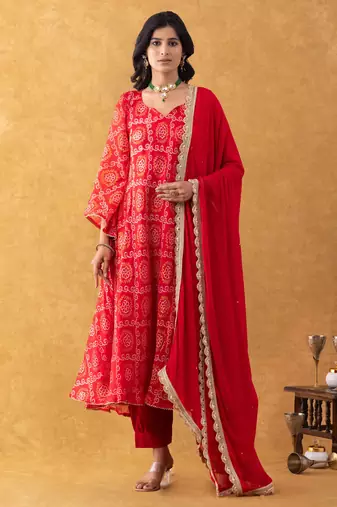 red bandhani salwar suit set with dupatta