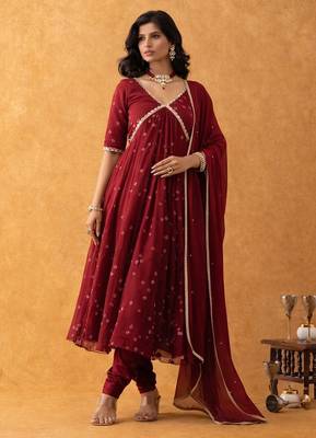 wine bandhani suit set with dupatta 1