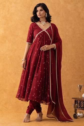 wine bandhani suit set with dupatta