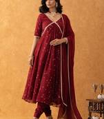 wine bandhani suit set with dupatta
