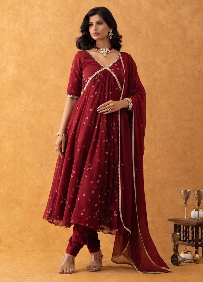 wine bandhani suit set with dupatta