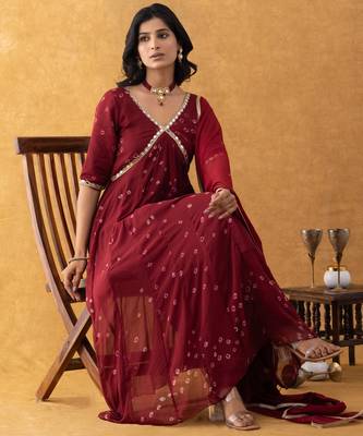wine bandhani suit set with dupatta 3