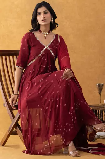 wine bandhani suit set with dupatta
