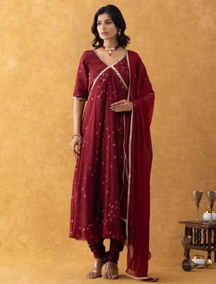 wine bandhani suit set with dupatta 4