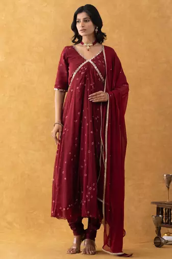 wine bandhani suit set with dupatta