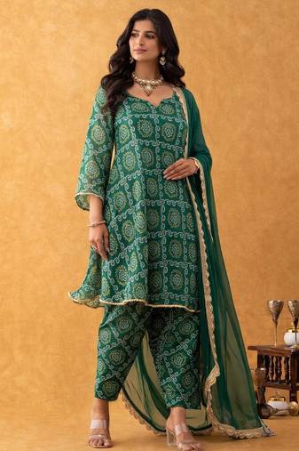 green bandhani suit set with dupatta