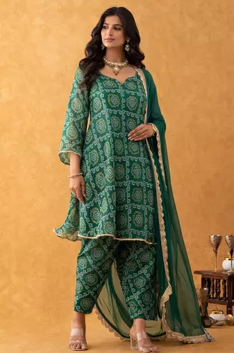 green bandhani suit set with dupatta
