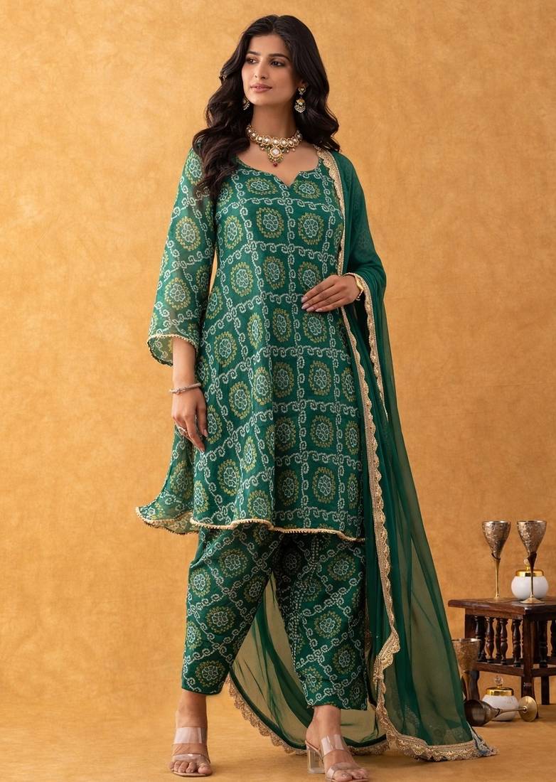 green bandhani suit set with dupatta