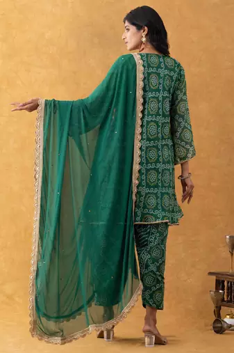 green bandhani suit set with dupatta