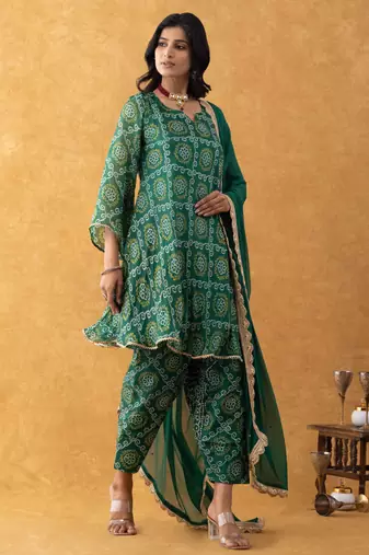 green bandhani suit set with dupatta