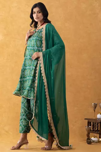 green bandhani suit set with dupatta