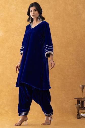 royal blue velvet kurta salwar set