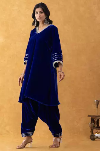 royal blue velvet kurta salwar set