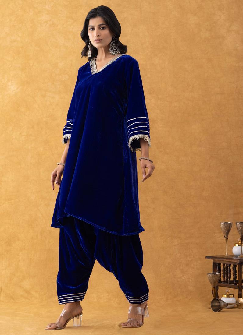 royal blue velvet kurta salwar set