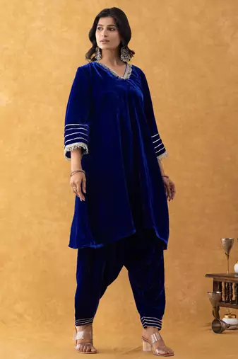 royal blue velvet kurta salwar set
