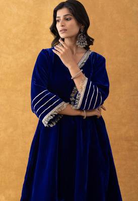 royal blue velvet kurta salwar set 4