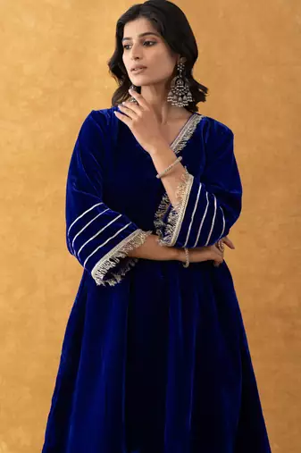 royal blue velvet kurta salwar set