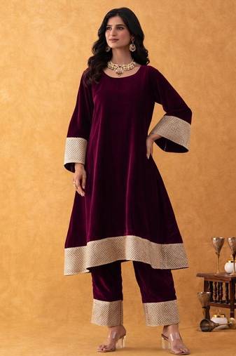 velvet wine kurta pant set