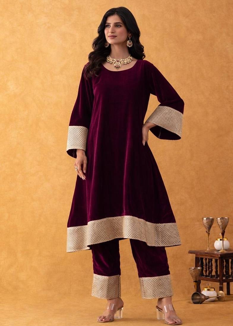 velvet wine kurta pant set