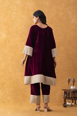 velvet wine kurta pant set 2
