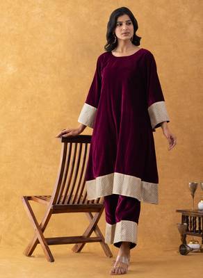 velvet wine kurta pant set 4
