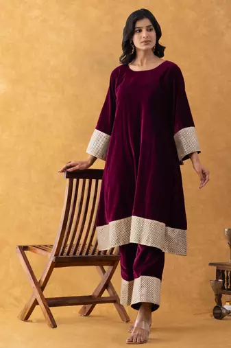 velvet wine kurta pant set