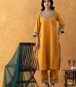 velvet mustard kurta pant set with dupatta