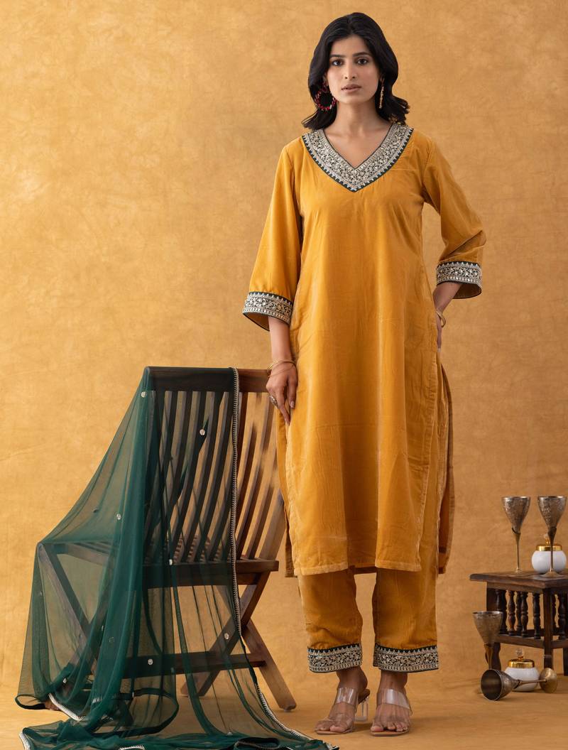 velvet mustard kurta pant set with dupatta