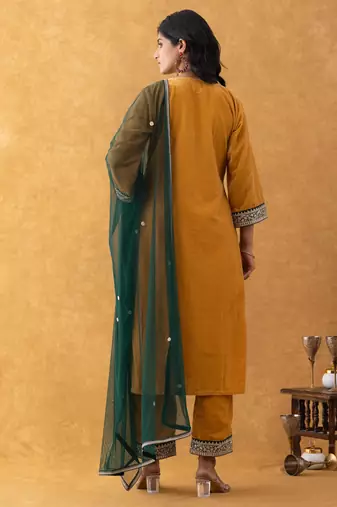 velvet mustard kurta pant set with dupatta