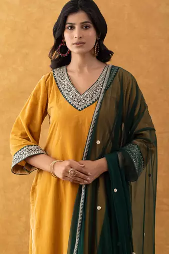 velvet mustard kurta pant set with dupatta