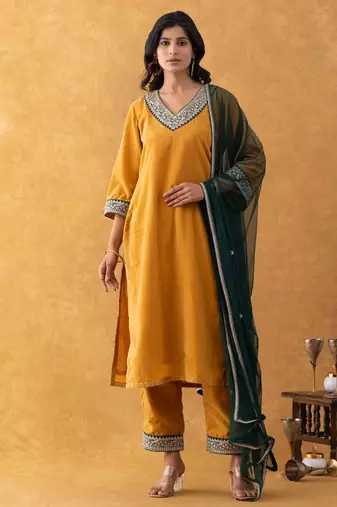 velvet mustard kurta pant set with dupatta